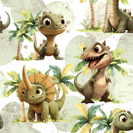 Süßer Dino Stoff für Kinder mit niedlichen Dinosauriern und Palmen auf Jersey, Rib Jersey und French Terry – hochwertiger Kinderstoff als Meterware zum Nähen