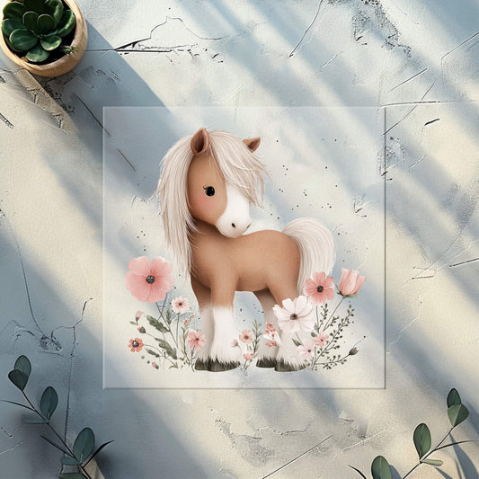 DTF Bügelbild Pony mit Blumen für Kinderkleidung, süßes Pony Bügelmotiv zum Aufbügeln auf Shirts, Hoodies und Babykleidung