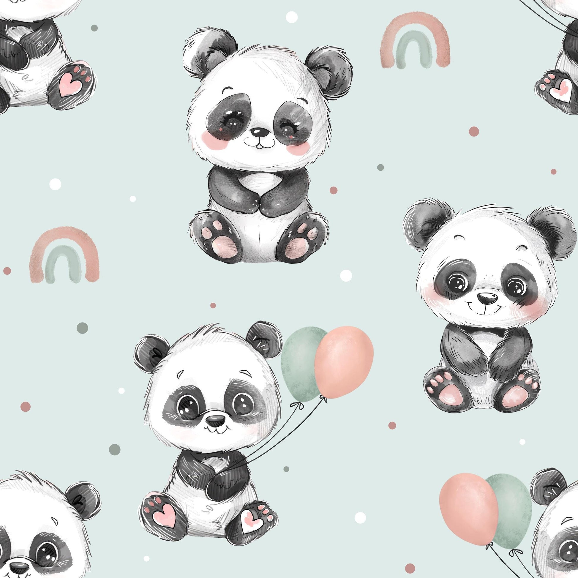 Kleiner Panda Kinderstoff Meterware mint – Panda mit Ballons Jersey French Terry Handmade by Kati