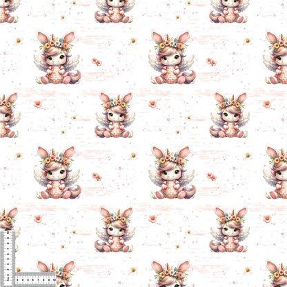 Detailaufnahme vom Verspielter Bio Jersey Osterstoff mit Oster Einhorn und floralen Details auf hellem Hintergrund, perfekt für kreative Nähprojekte