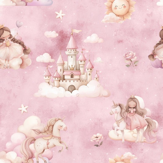 Kinderstoff-Meterware-Altrosa-Prinzessin-Einhorn-Schloss-Aquarell-Muster