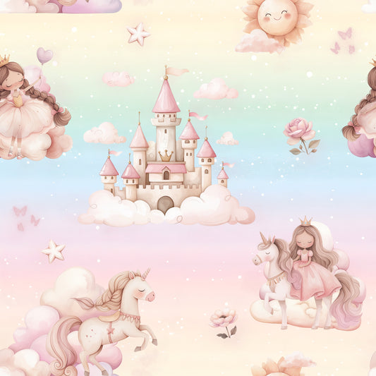 Stoff-Meterware-mit-Prinzessin-Einhorn-und-Schloss-Aquarell-Design-Pastellfarben