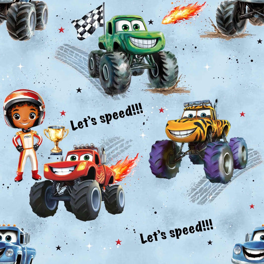 Blauer Kinderstoff mit Monster Trucks – Bio Jersey oder French Terry als Meterware