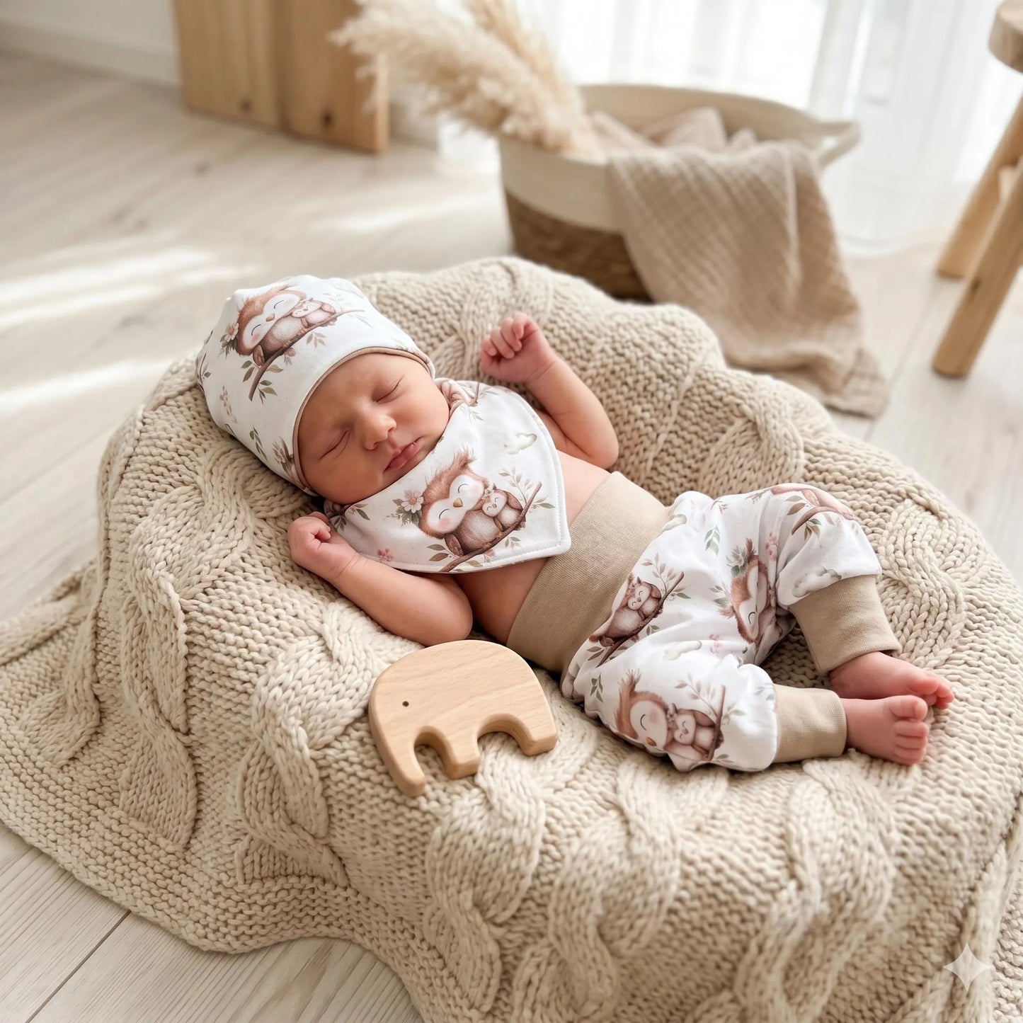 Pumphose Baby Eule weiß handgenäht | French Terry Set personalisiert