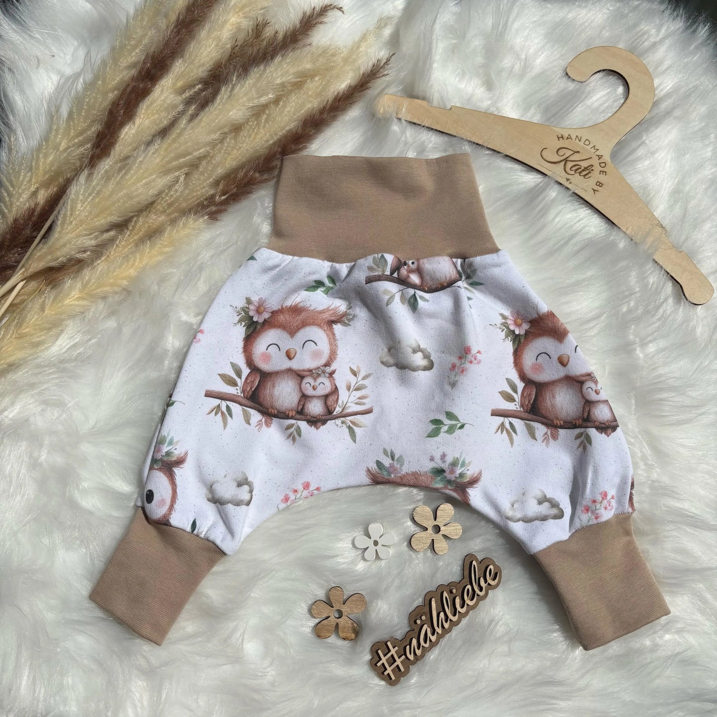 Pumphose Baby Eule weiß handgenäht | French Terry Set personalisiert