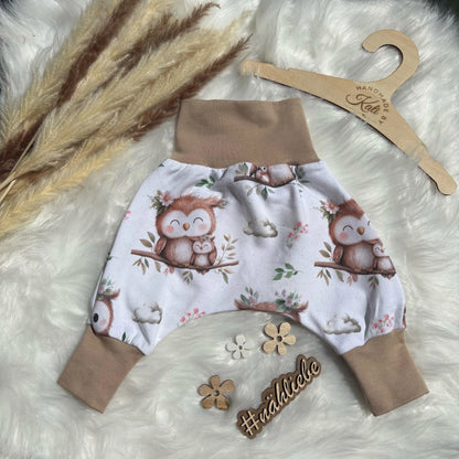 Pumphose Baby Eule weiß handgenäht | French Terry Set personalisiert