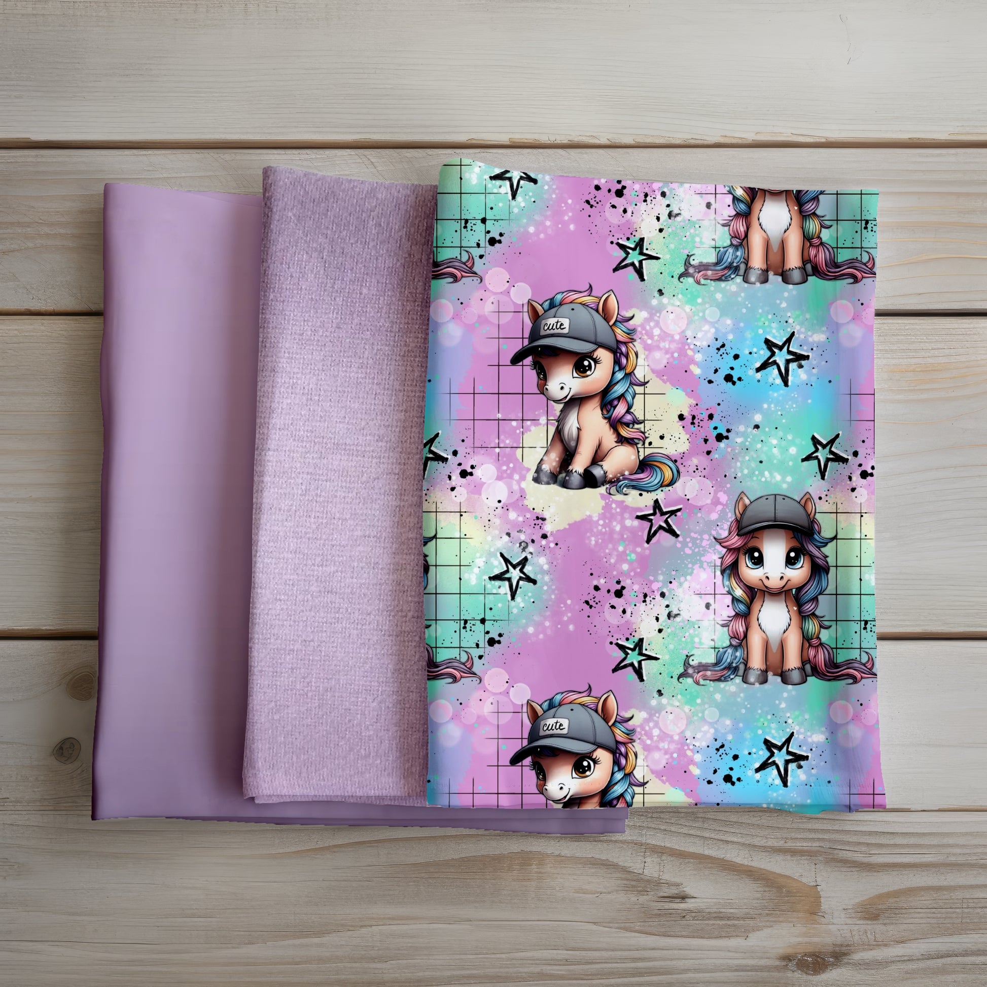 Stoffpaket Cooles Pony 1m French Terry Bündchen Bügelbild – Handmade by Kati
