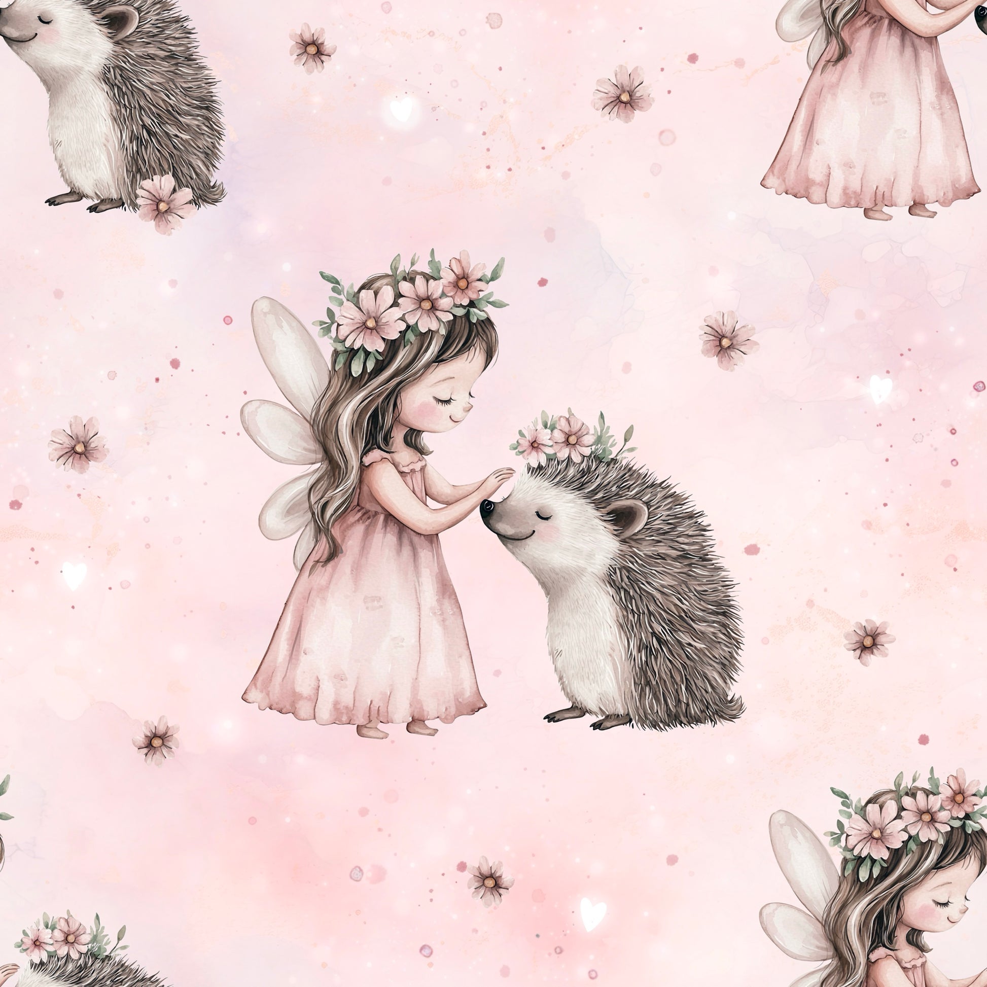 Nahtloses Stoffmuster im Aquarell-Stil mit einem kleinen Elfen-Mädchen im rosa Kleid, das einen Igel mit Blumenkranz streichelt, auf einem zartrosa Hintergrund mit Streublumen.