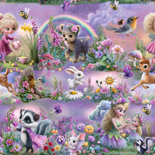 Kinderstoff Design Magischer Frühlingszauber mit Illustrationen von Reh, Hase, Eichhörnchen, Feen und Regenbogen auf fliederfarbenem Hintergrund.