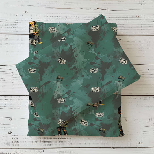 Kinderstoff Urban Gamer Street Edition mit Gaming Motiv, Game Over Schriftzügen und Controller Design, Jersey und French Terry Stoff Meterware für Kinderkleidung und Teenager Kleidung