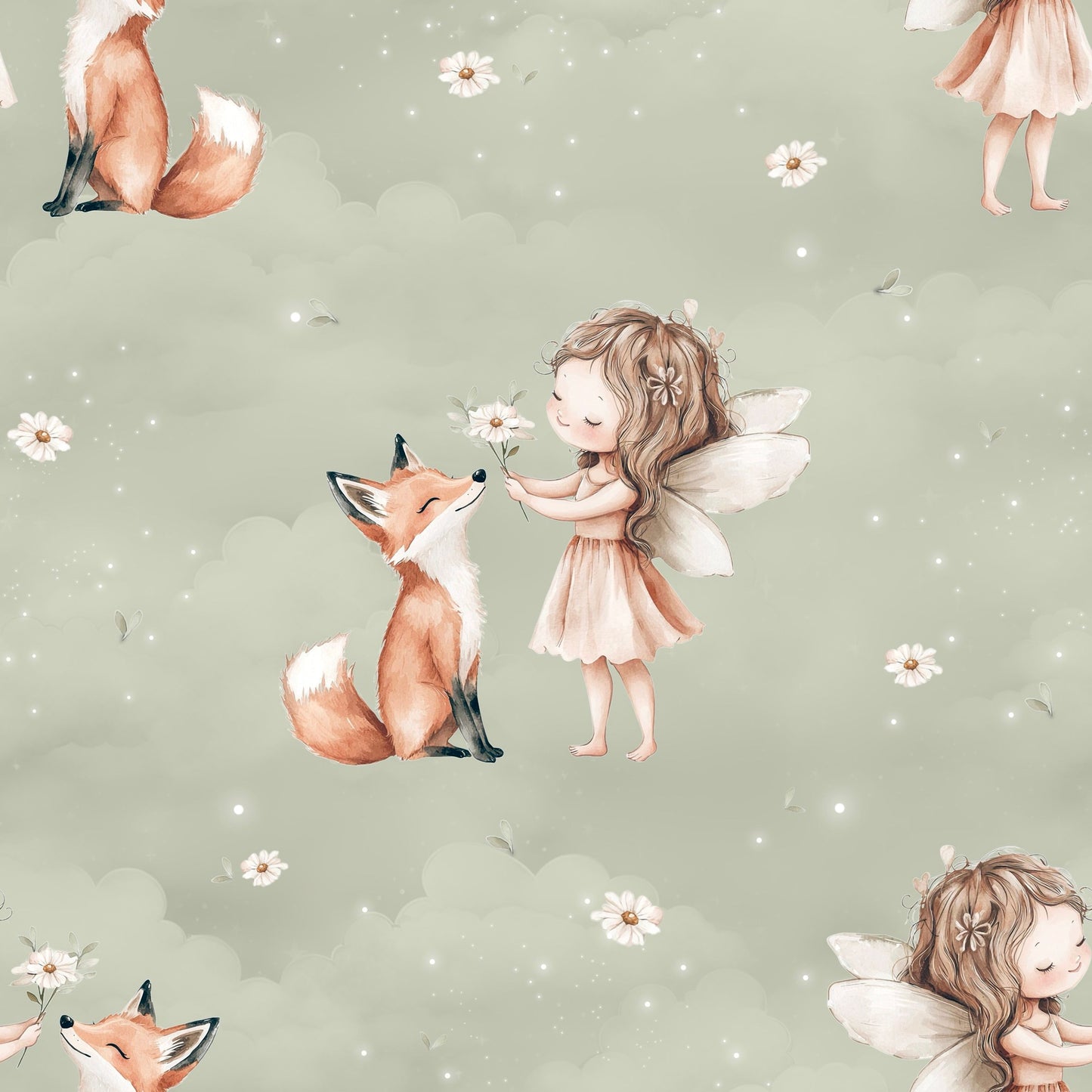 Aquarell-Kinderstoff-Design-mit-kleiner-Waldfee-Fuchs-und-Blumen-auf-salbeigruenem-Hintergrund