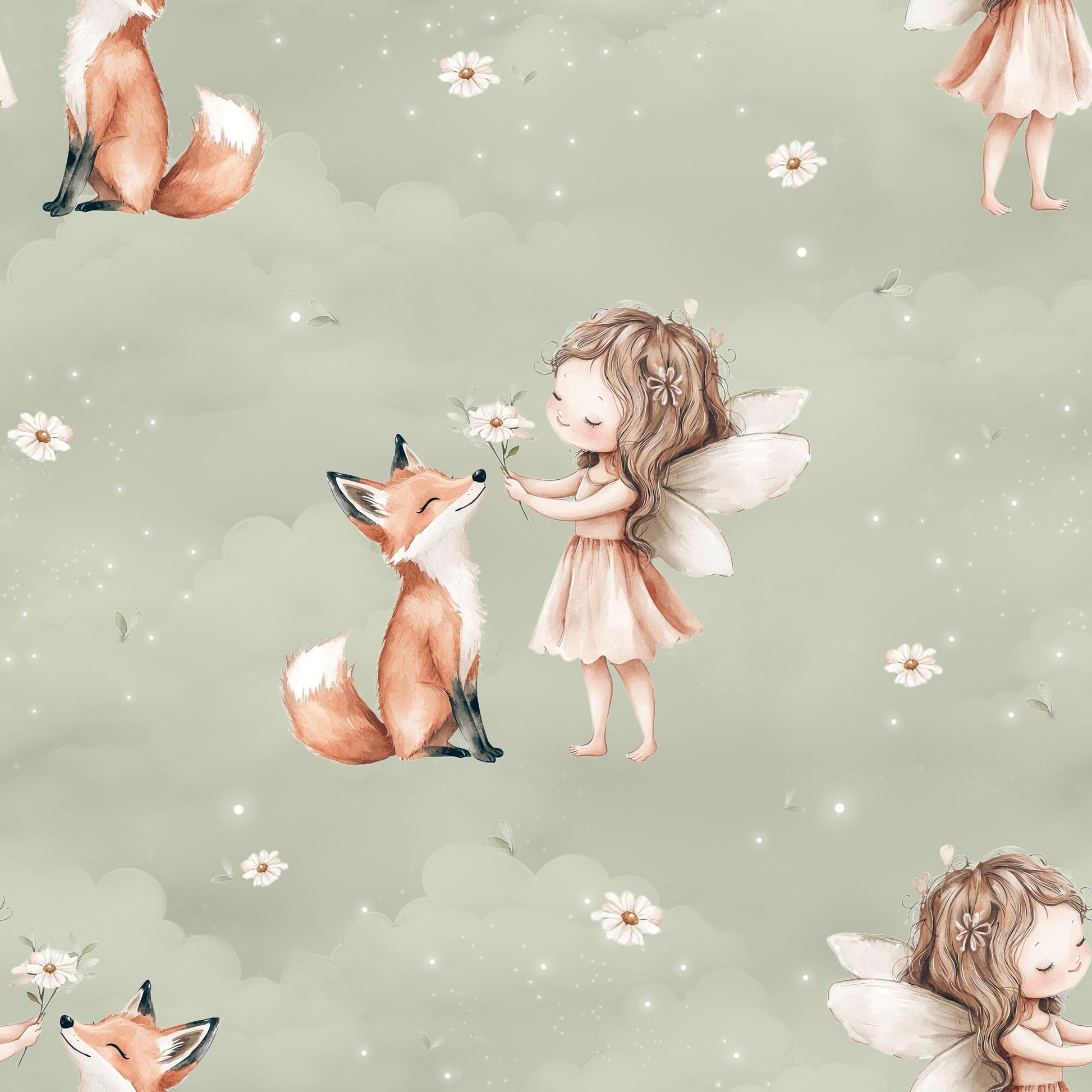 Aquarell-Kinderstoff-Design-mit-kleiner-Waldfee-Fuchs-und-Blumen-auf-salbeigruenem-Hintergrund