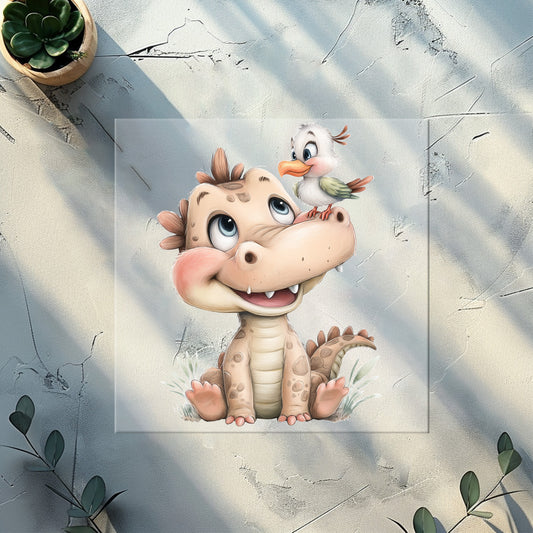 Niedlicher Baby Drache Bügelbild mit kleinem Vogel DTF Transfer Aquarell Stil beige braun