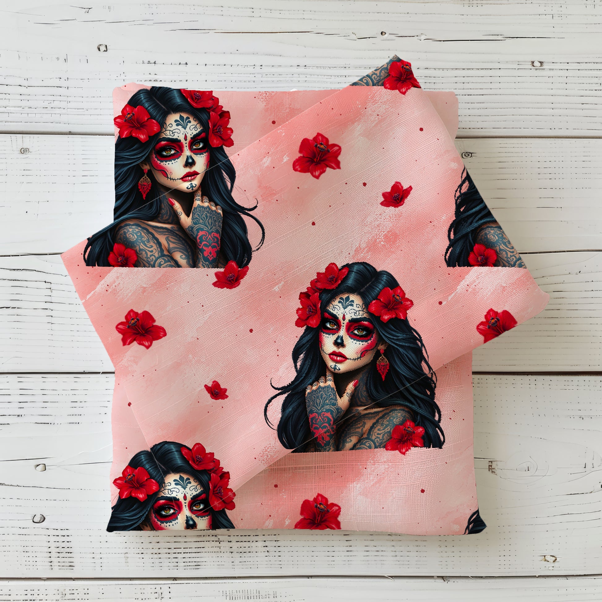 La Catrina rot Kinderstoff Meterware – Totenkopf Jersey French Terry Handmade by Kati