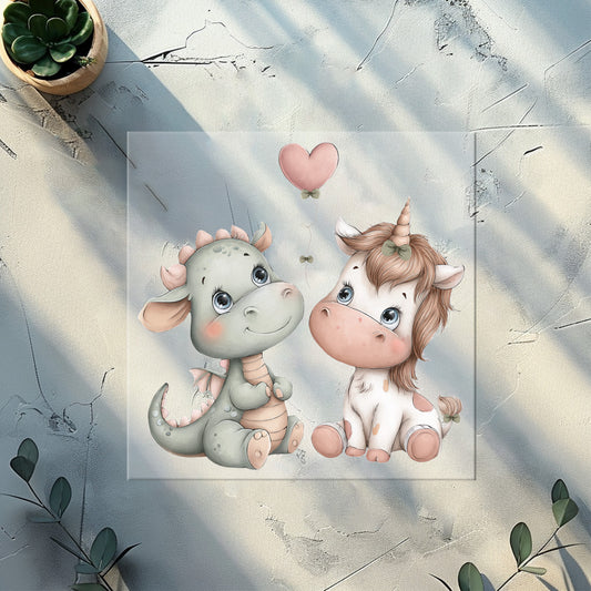 Bügelbild Einhorn und Drache mit Herz Luftballon DTF Transfer Motiv für Kinderkleidung Pastell
