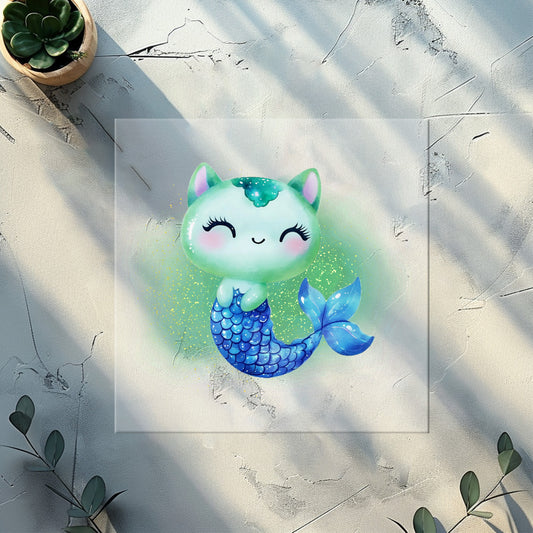 Meerkatze Bügelbild süße Katze mit Fischschwanz DTF Transfer mint blau Kinderdesign