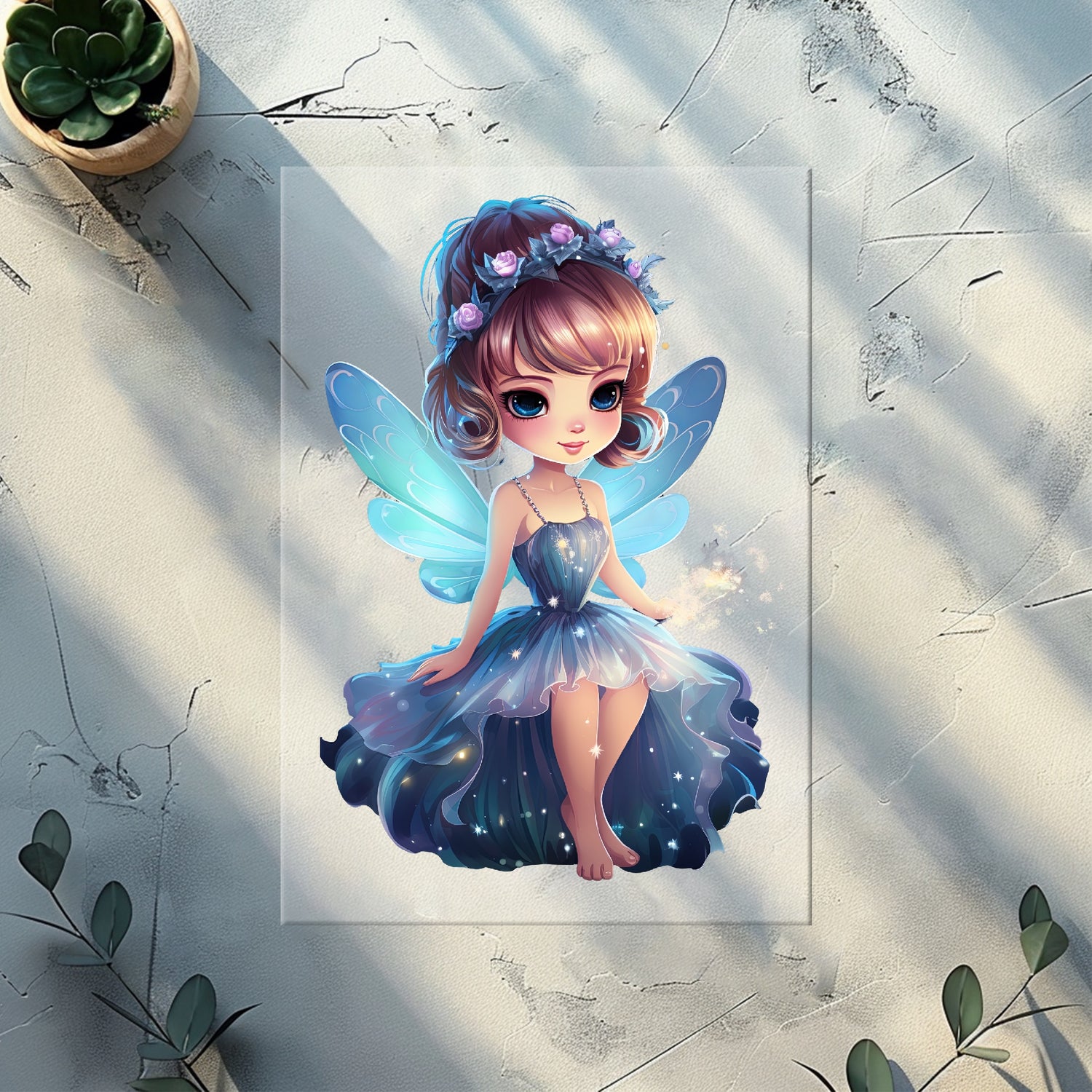 Mondlicht-Fee Bügelbild DTF Transfer Motiv für Kinderkleidung blau violett