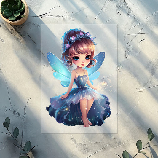 Mondlicht-Fee Bügelbild DTF Transfer Motiv für Kinderkleidung blau violett