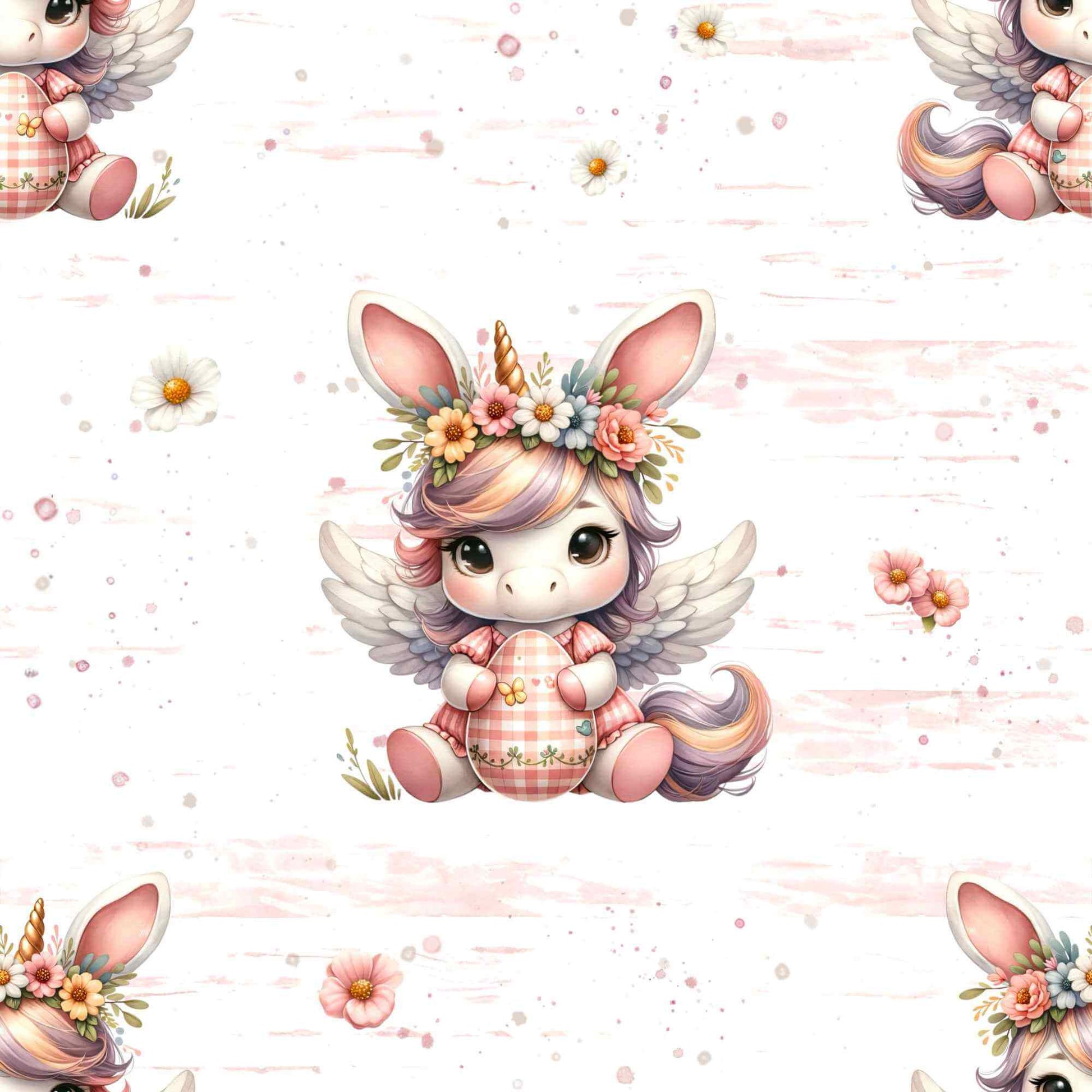 Detailaufnahme vom Osterstoff auf  French Terry oder Jersey mit Oster Einhorn und floralen Details auf hellem Hintergrund, perfekt für kreative Nähprojekte