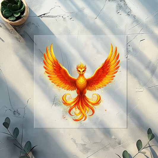 Phönix Bügelbild Feuervogel DTF Transfer orange gelb Flammenmotiv für Kleidung