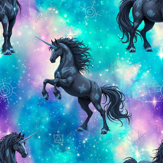 Mystisches schwarzes Einhorn mit hellblauen Runen auf dem Körper vor einem galaktischen Hintergrund in Türkis und Violett.