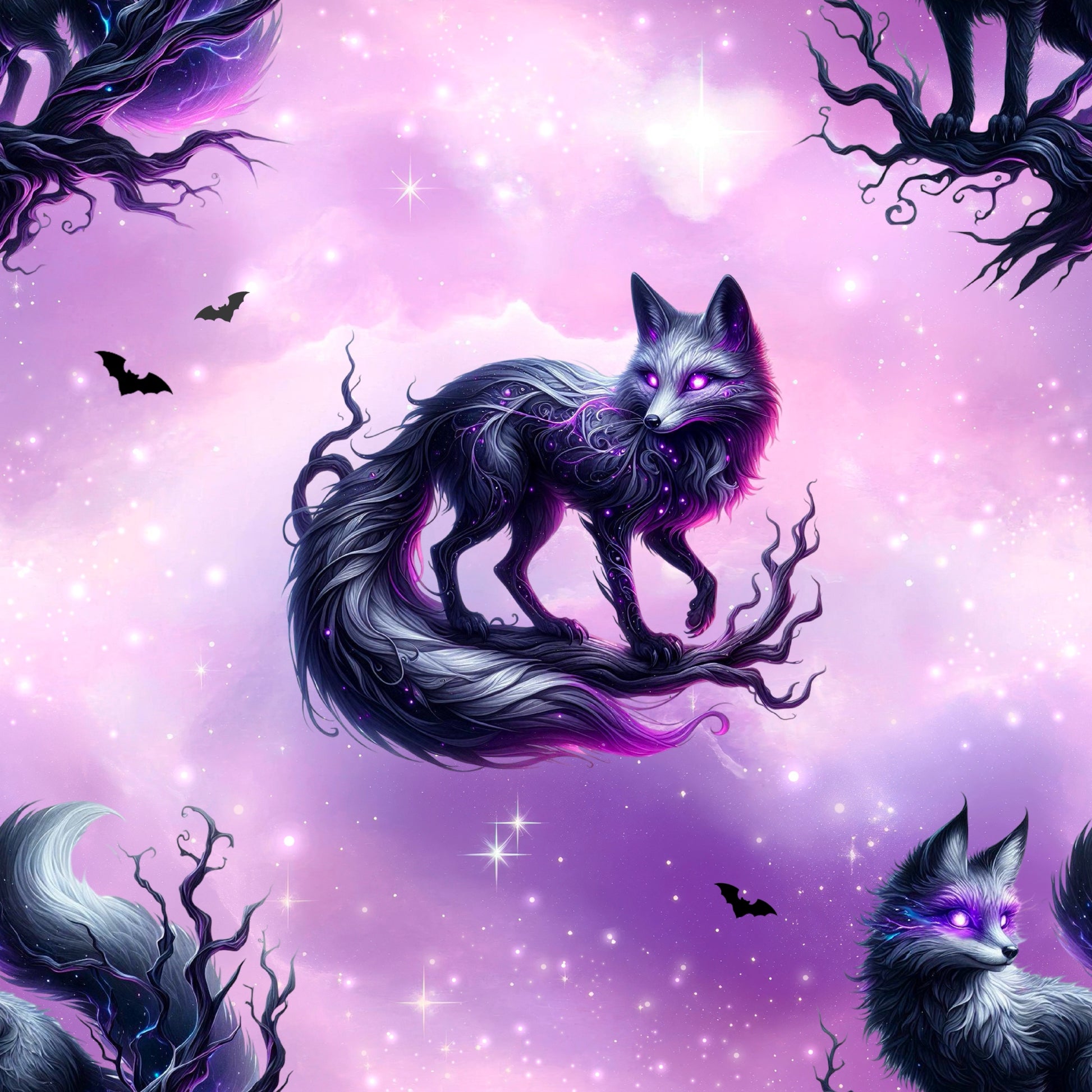 Mystisches Stoffmuster mit einem schwarz-violetten Fuchs mit leuchtenden Augen vor einem lila-pinken Sternenhimmel mit Fledermäusen.