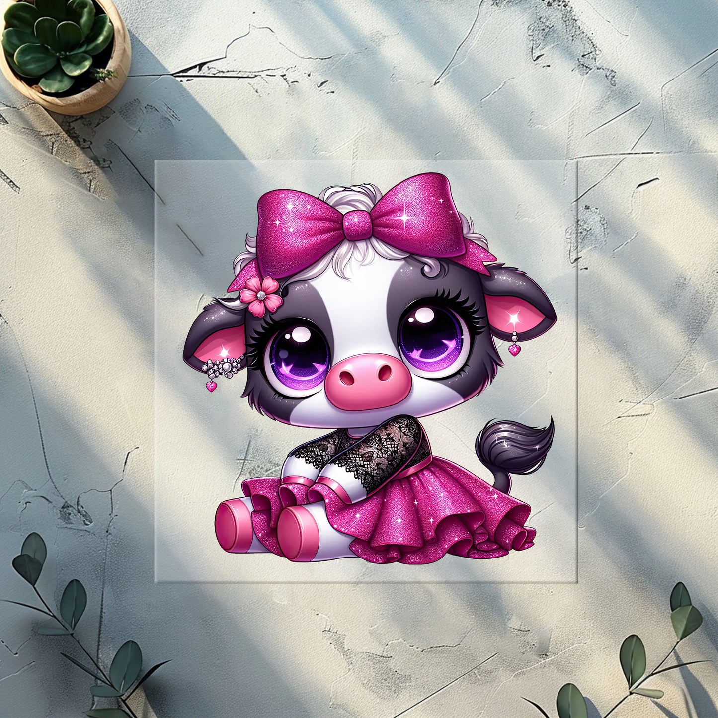 Pink Moo Princess Glitzer Bügelbild – DTF Transfer Kuh Mädchen Handmade by Kati
