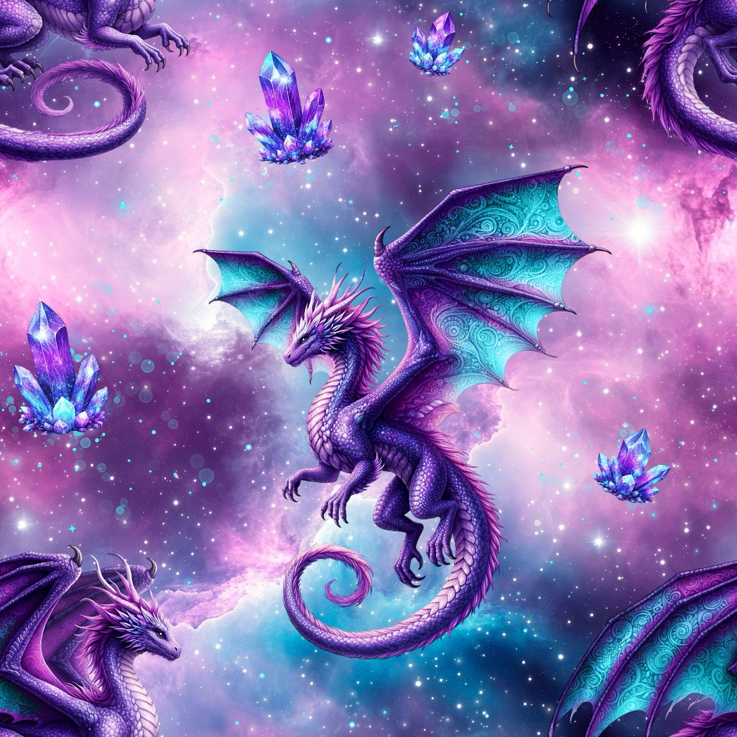 Mystisches Stoffdesign mit einem violetten Drachen, türkisfarbenen Flügeln und schwebenden lila Kristallen vor einem glitzernden Weltraum-Hintergrund.