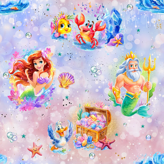 Unterwasser Stoffdesign „Water Queen“ mit Meerjungfrau, Krabbe, Fisch, Meereskönig, Schatzkiste & Pastellwellen, verfügbar als Jersey, French Terry & Rib.